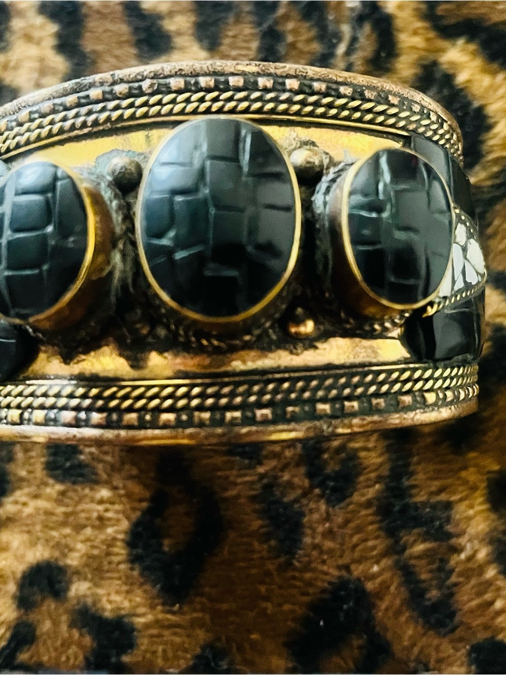 Gold-Tone Cuff Bracelet with Black Resin Cabochons